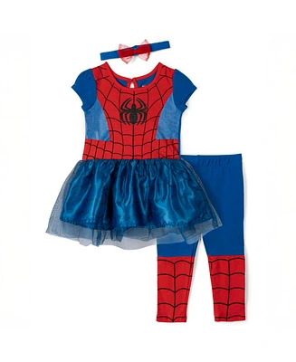 Avengers Baby Girls Marvel Captain America Spider-Man Dress Leggings and Headband 3 Piece Cosplay Set Newborn to