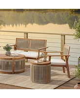 LuxenHome Outdoor Acacia Wood Rope Sides Round Drum Side and End Tables