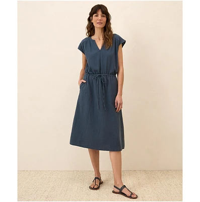 Pact Women's Organic Cotton Coastal Double Gauze Tie Waist Midi Dress