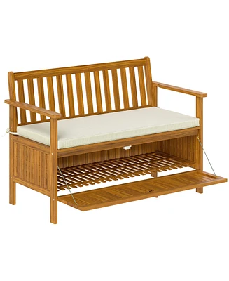 Outsunny Outdoor Bench with Storage, 2 Seater Acacia Wood Patio Bench,