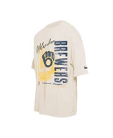 New Era Men's Cream Milwaukee Brewers Cooperstown Collection Oversized Throwback Distressed T-Shirt
