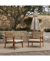 LuxenHome Outdoor Acacia Wood Rope Back Armchairs with Cushions, Set of 2
