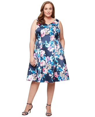 Alex Evenings Plus Printed V-Neck Sleeveless Dress