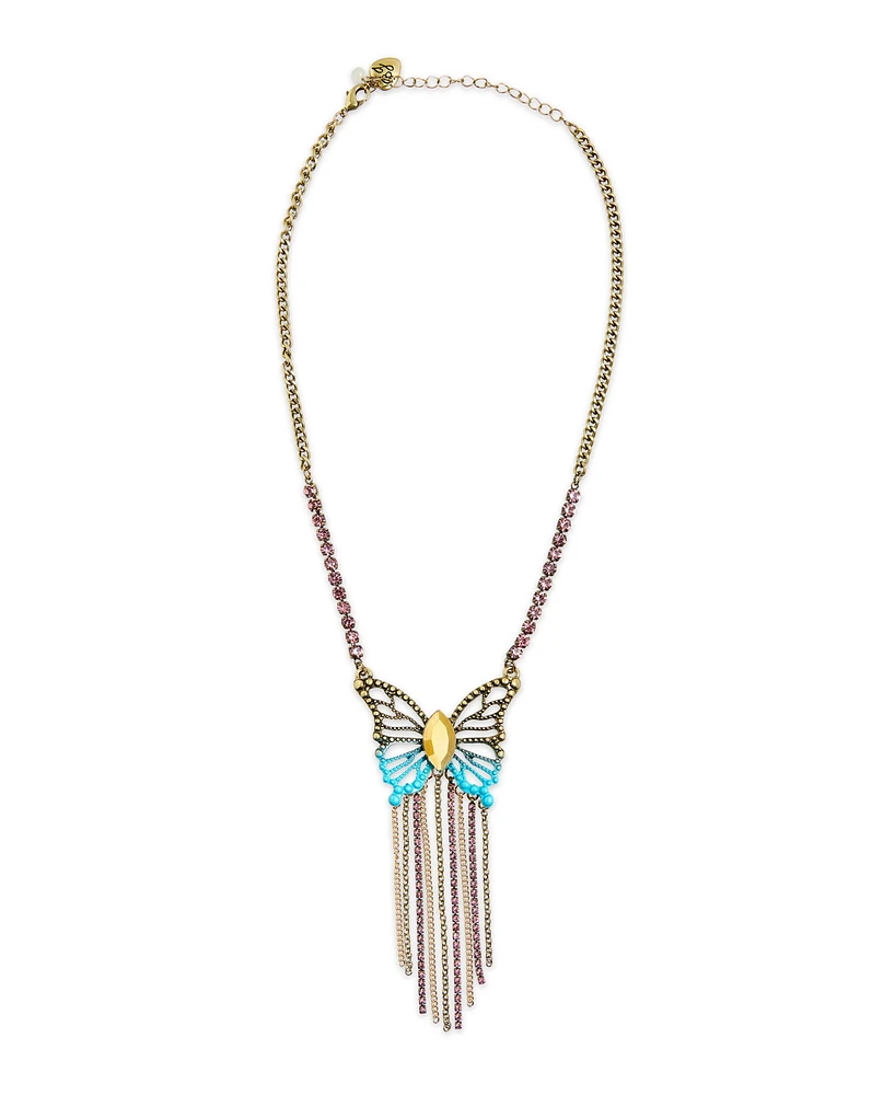 Betsey Johnson Faux Stone Boho Butterfly Fringe Pendant Necklace