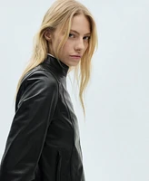 Mango Women's Fitted Zipper Leather Jacket