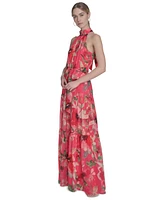 Eliza J Women's Printed Sleeveless Tie-Waist Chiffon Gown