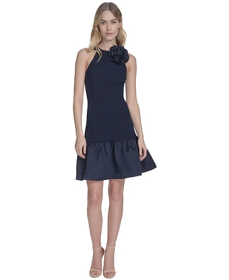 Eliza J Petite Rosette-Trim Taffeta-Skirt Dress