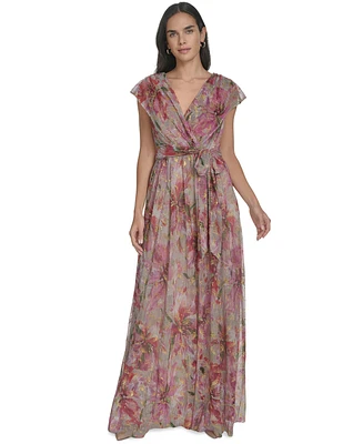 Jessica Howard Petite Extended-Shoulder Tie-Waist Metallic Gown