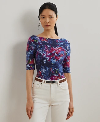 Lauren Ralph Petite Print Stretch Cotton Boatneck Tee