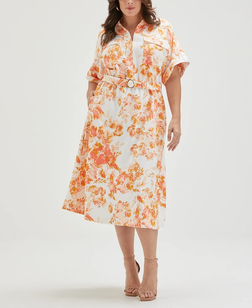 Ella Rafaella Plus Floral Print Utility Short Sleeve Shirt Dress