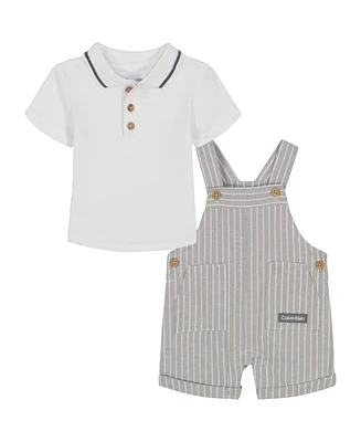 Calvin Klein Baby Boys 2-Piece Knit Tipped Polo Shirt and Oxford Stripe Shortall Set