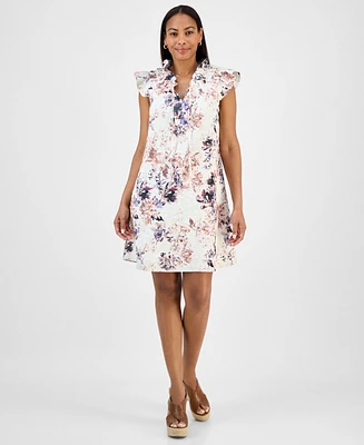 Robbie Bee Women's Printed Ruffle-Neck A-Line Dress