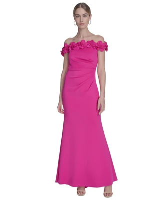 Eliza J Petite Rosette-Trim-Off-Shoulder Strapless Gown