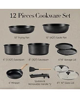 Carote 12pcs Removable Handle Pots and Pans Set, Induction Kitchen, Oven Safe Sets, Non-Stick, Detachable Cookware White