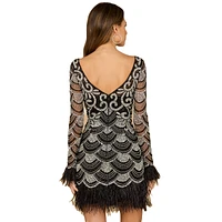 Lara Women's Beaded Short Dress with Feathers and Sleeves