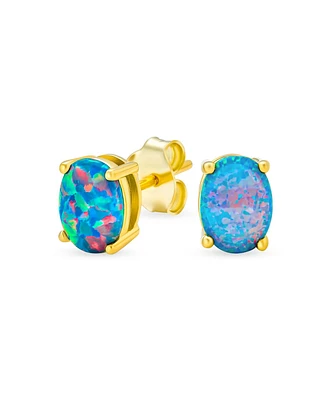 Bling Jewelry Simple Classic White Fire Orange Black Blue Opulence Created Opal Oval Stud Earrings Yellow Gold Plated .925 Sterling Silver 7MM