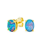 Bling Jewelry Simple Classic White Fire Orange Black Blue Opulence Created Opal Oval Stud Earrings Yellow Gold Plated .925 Sterling Silver 7MM