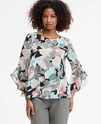 Kasper Women's Printed 3/4-Ruffle Sleeve Blouse, Regular & Petite