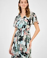 Kasper Women's Printed Swiss Dot Flutter-Sleeve Midi Dress