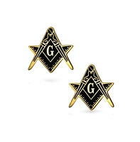Bling Jewelry Set of 2 Freemasons Compass Symbol Shirt Cufflink Black Enamel Gold Plated