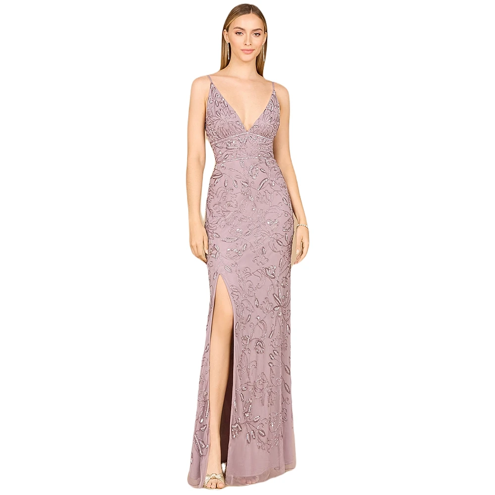 Lara Women's Embellished Gown with Slit And Spaghetti Straps - Outlet
