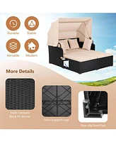 Patio Rattan Daybed Lounge Retractable Top Canopy Side Tables Cushions