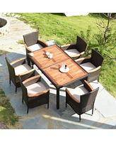 7PCS Patio Rattan Dining Set 6 Stackable Chairs Cushioned