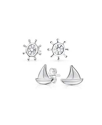 Bling Jewelry Set of 2 Small Nautical Sail Boat and Ship Wheel Stud Earrings Sterling Silver