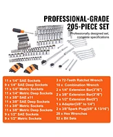 Mechanics Tool Set And Socket Set, Drive Deep And Standard Sockets, 205 Pcs Sae And Metric Mechanic Tool Kit With Bits, Combination Wrench, Hex Wrench