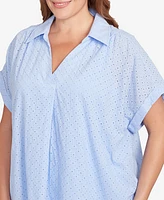 Hearts Of Palm Plus Short Sleeve Eyelet Pull Over Top