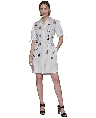 Karl Lagerfeld Paris Petite Embroidered Button-Front Dress