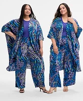 Nina Parker Trendy Plus Size Printed Kimono Sheer Sweater Knit Tank Printed Wide Leg Pants