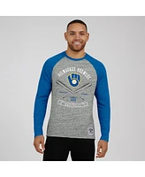 Fanatics Men's Heather Gray Milwaukee Brewers Raw Edge Raglan Long Sleeve Baseball T-Shirt