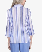 Alfred Dunner Petite Santa Fe Mitered Iris Stripe Button Down Top