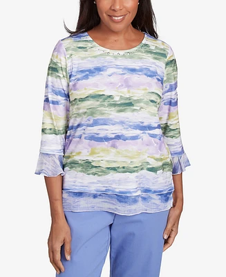 Alfred Dunner Petite Santa Fe Watercolor Biadere Striped Top