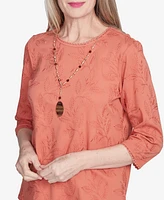 Alfred Dunner Petite Natural Instinct Solid Leaf Embroidered Top With Necklace