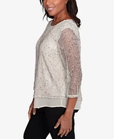 Alfred Dunner Petite Natural Instinct Popcorn Mesh Speckled Top With Necklace
