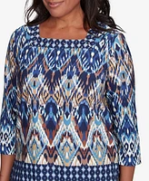 Alfred Dunner Petite Summer Solstice Ikat Diamond Border Square Neck Top