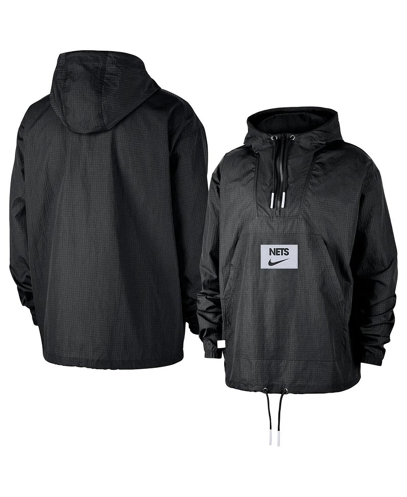 Nike Men's Black Brooklyn Nets Courtside Premium Club Anorak Quarter-Zip Pullover Hoodie