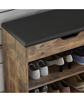 shoe Bench with shelves, natural wooden rack 3 storage compartments, Entryway