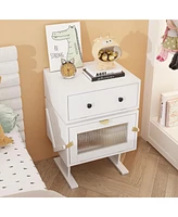 Robot-style bedside table with rotatable head, side table with glass doors, white wooden end table, suitable for bedrooms, living rooms, offices