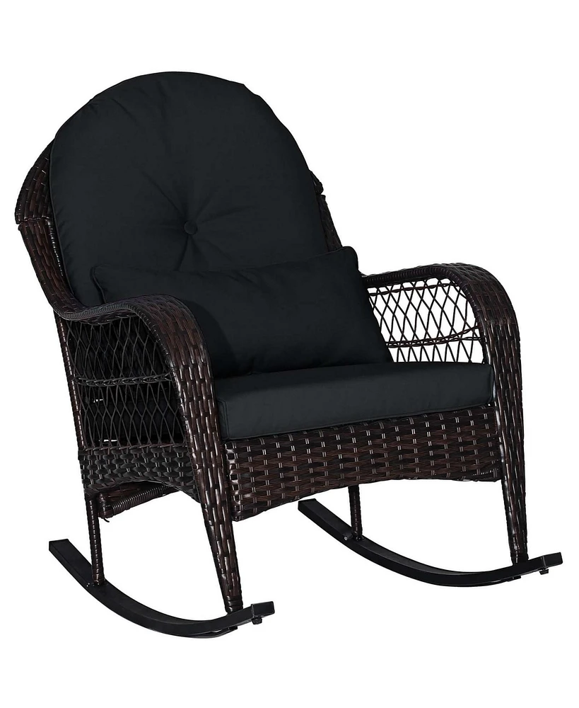 Patio Wicker Rocking Chair with Seat Back Cushions & Lumbar Pillow Porch