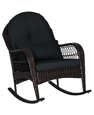 Patio Wicker Rocking Chair with Seat Back Cushions & Lumbar Pillow Porch