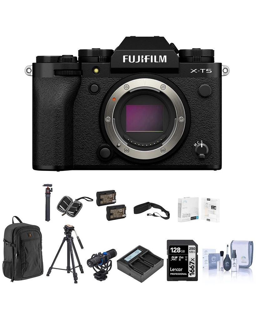 Fujifilm X-T5 Mirrorless Digital Camera Body, Black Bundle with 128GB Sd Card, Backpack, 2x Battery, Charger, Strap, Aluminum Tripod, Mic, Octupus Tri