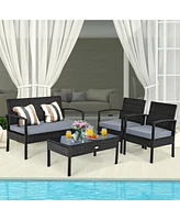 4PCS Patio Rattan Wicker Furniture Set Brown Loveseat Sofa