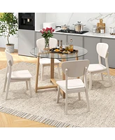 Round Glass Dining Table with Tempered Glass Tabletop and Rubber Wood Legs