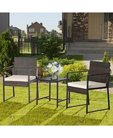 Gymax 3PCS Patio Rattan Hand-Woven Pe Wicker Bistro Set Outdoor Furniture Set w/ Table & Cushion