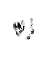 Bling Jewelry Set of 2 Black Movie Star Sunglasses and Sonoran Desert Cactus Charm Bead Silver