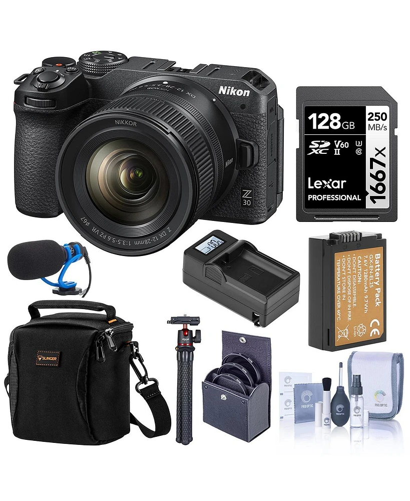 Nikon Z 30 Mirrorless Camera with Nikkor Z Dx 12-28mm f/3.5-5.6 Pz Vr Lens, Bundle with 128GB Memory Card, Shoulder Bag, TASC300 Microphone, Mt-11 Tri