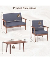 4 Pcs Patio Conversation Set Acacia Wood Sofa Coffee Table with Cushioned Seat